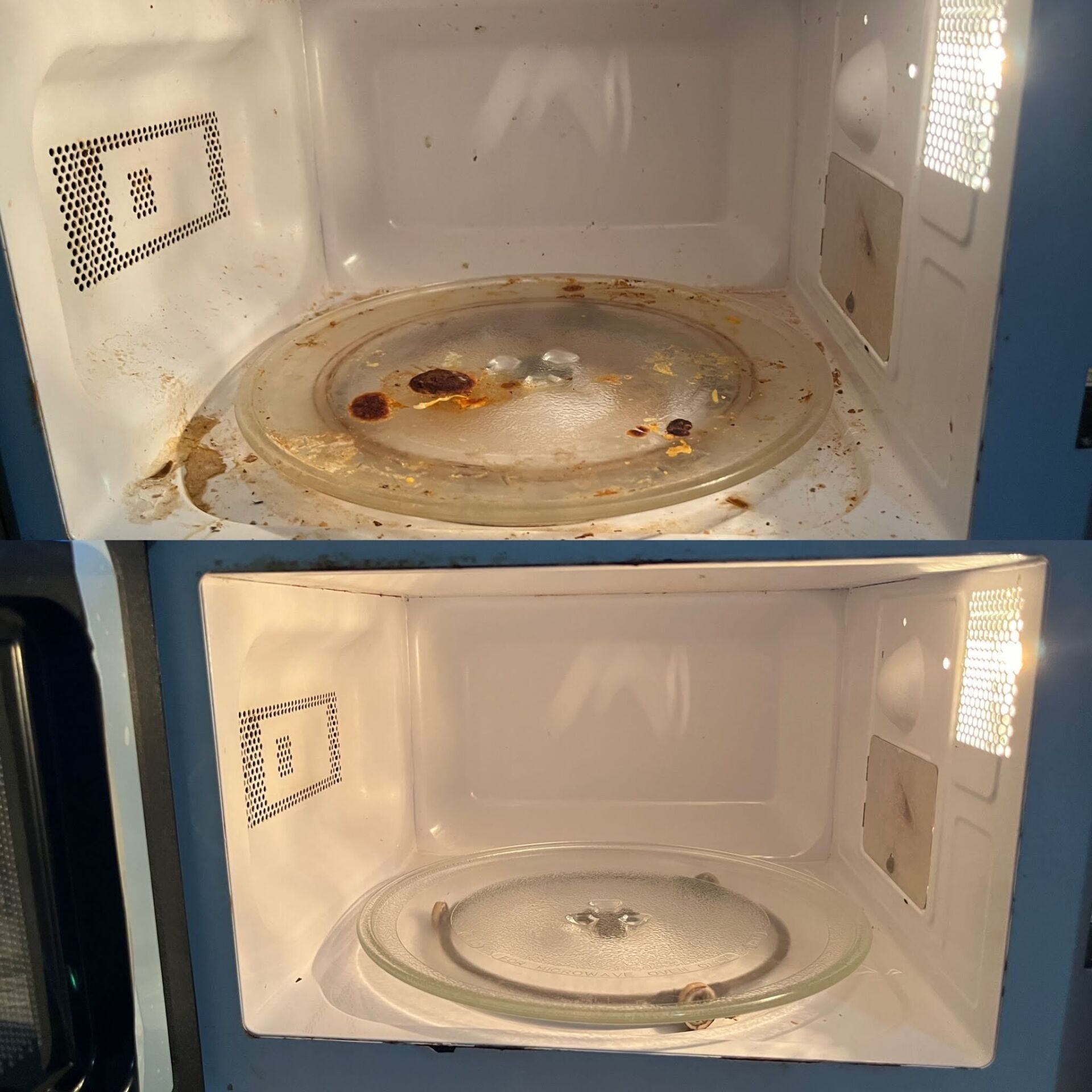 Kansas City, MO — Cleaning Maids In and Out, deep cleaning, top to bottom, housekeeping, maid service, cleaning, clean, cleaners, cleaning company, laundry service, window washing, carpet cleaning, carpet shampooing,Microwave Before and After — Kansas City, MO — Cleaning Maids In and Out