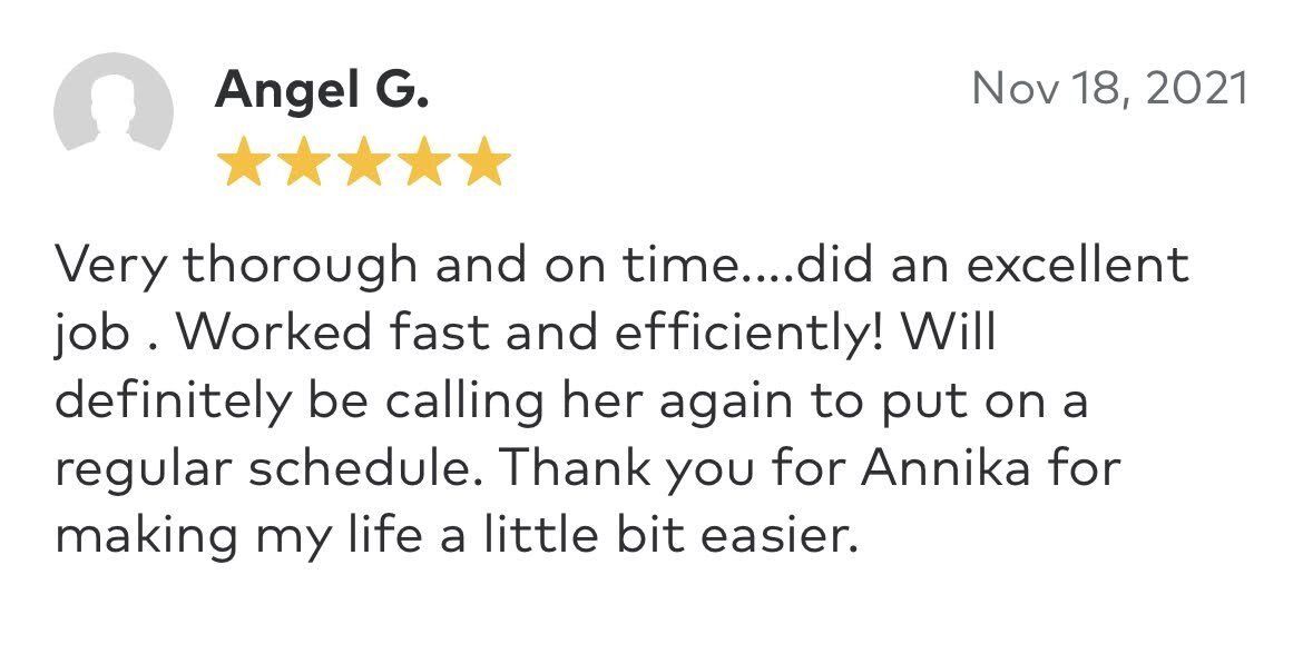 Kansas City, MO — Cleaning Maids In and Out, deep cleaning, top to bottom, housekeeping, maid service, cleaning, clean, cleaners, cleaning company, laundry service, window washing, carpet cleaning, carpet shampooing,Angel G. Testimonial — Kansas City, MO — Cleaning Maids In and Out