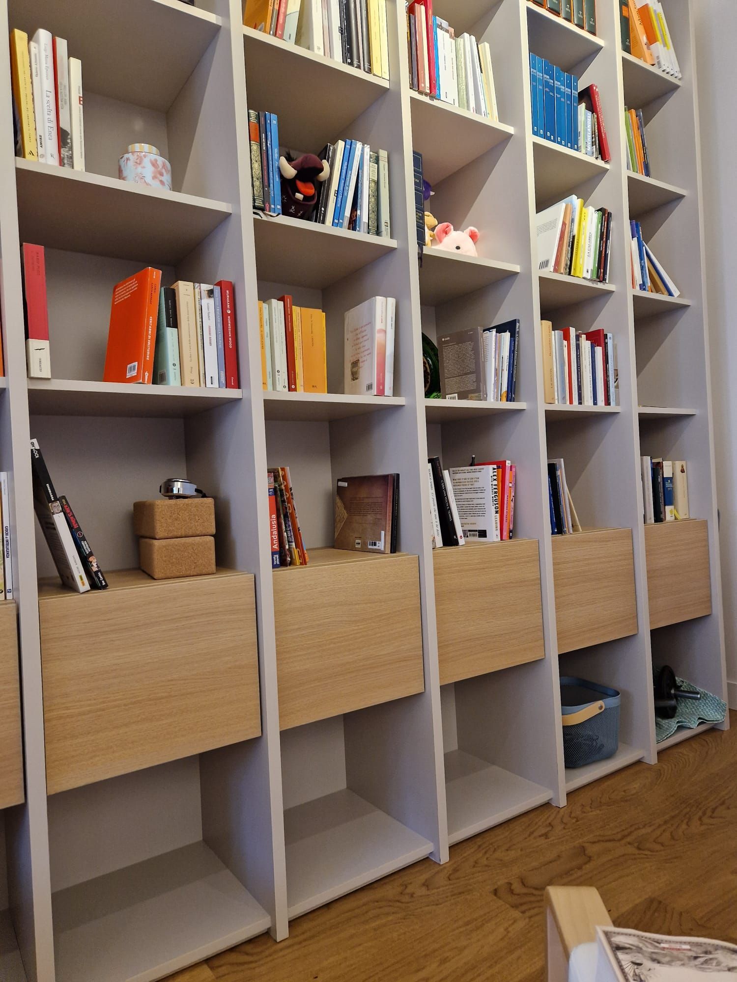 Una biblioteca con molti libri sugli scaffali e nei cassetti