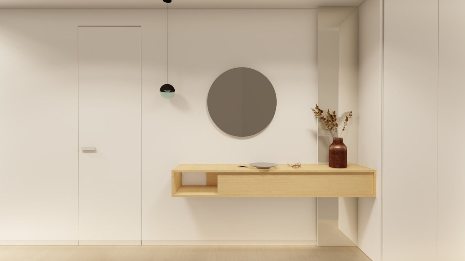 Una parete bianca con una mensola di legno e uno specchio.