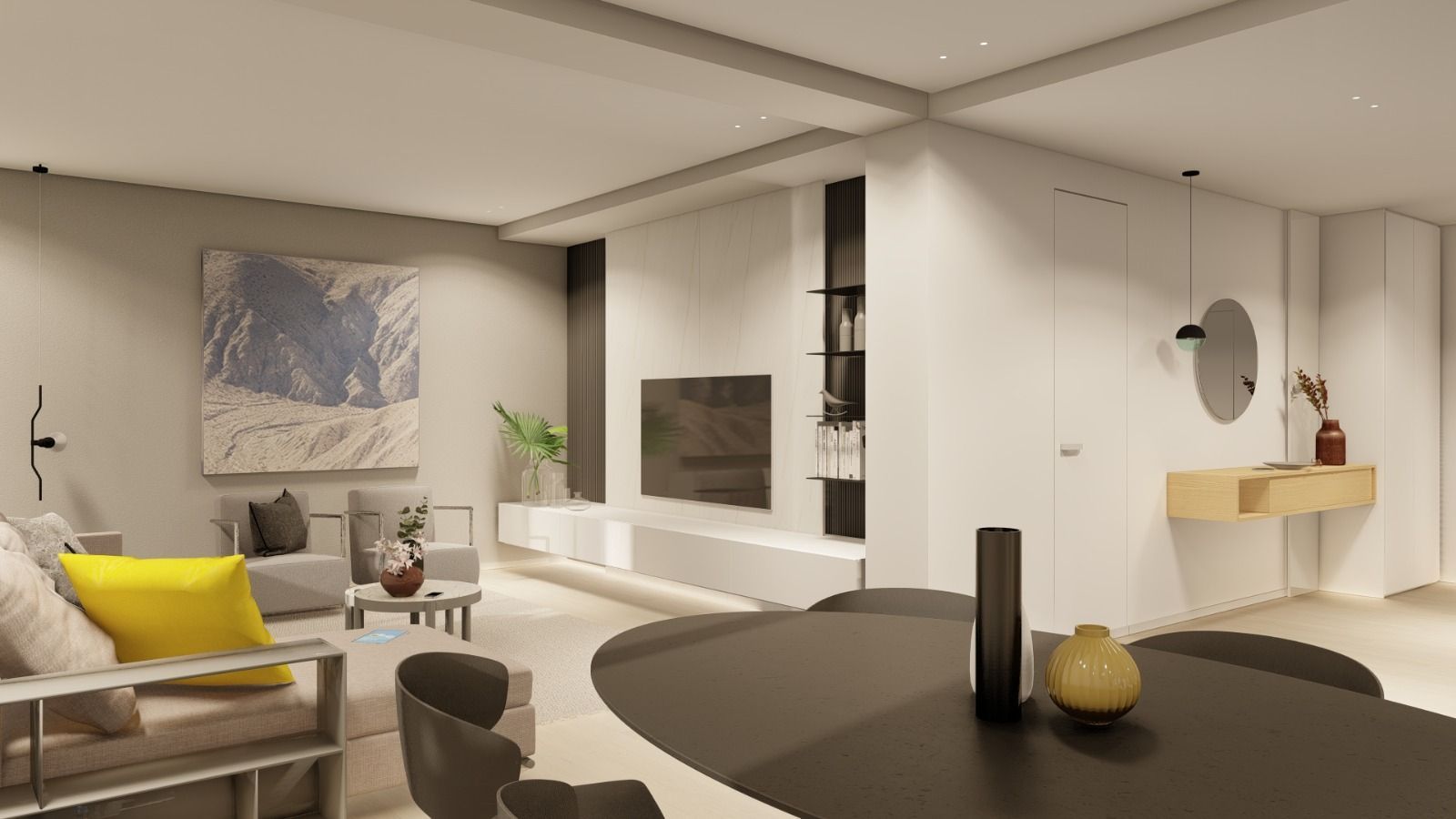 Un soggiorno con tavolo, sedie, divano e televisione.