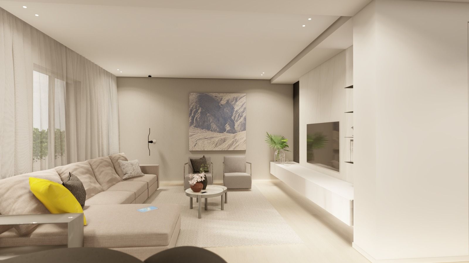 Un soggiorno con divano, sedie, tavolo e televisione.