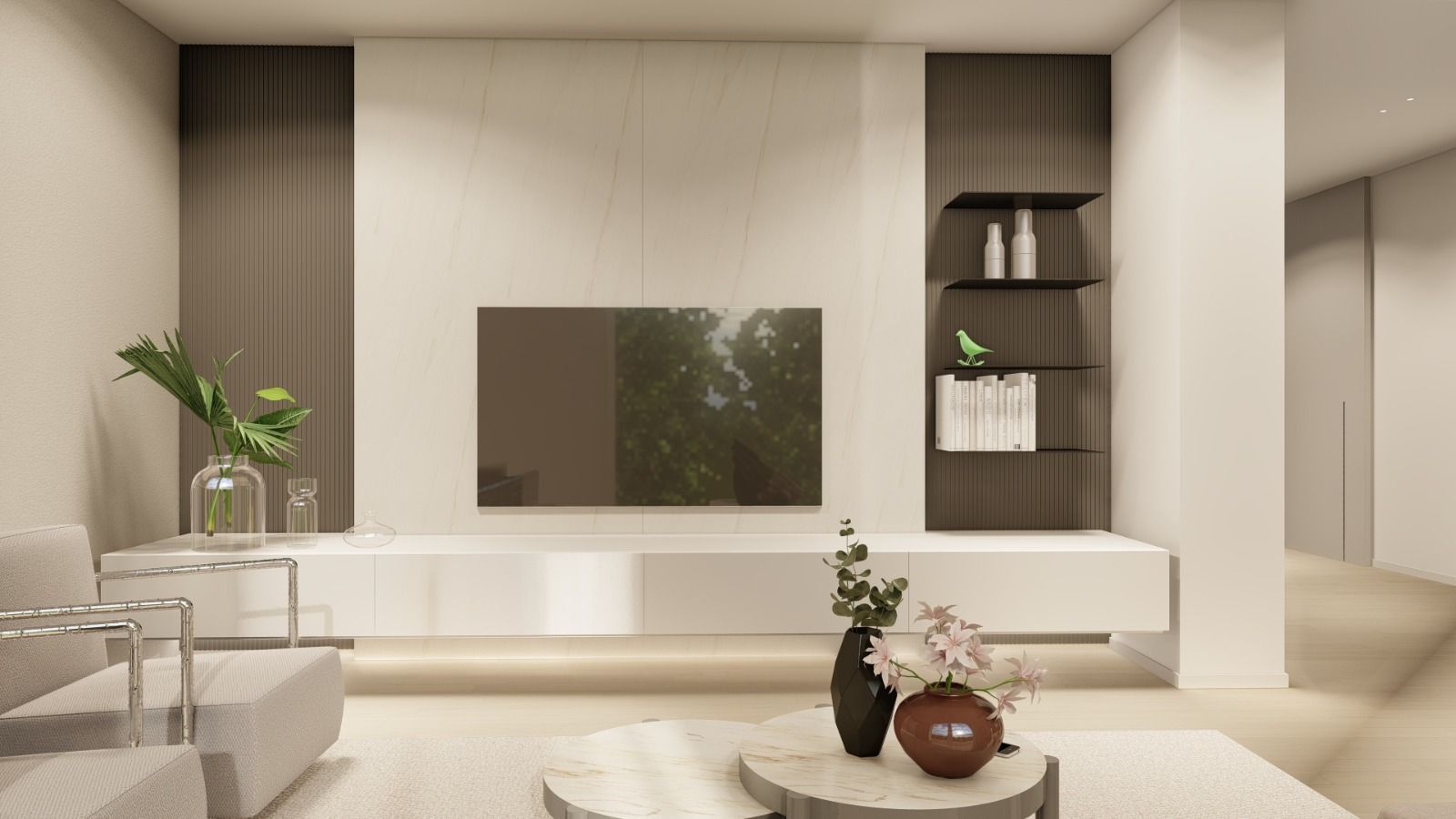 Un soggiorno con divano, tavolo e televisione.