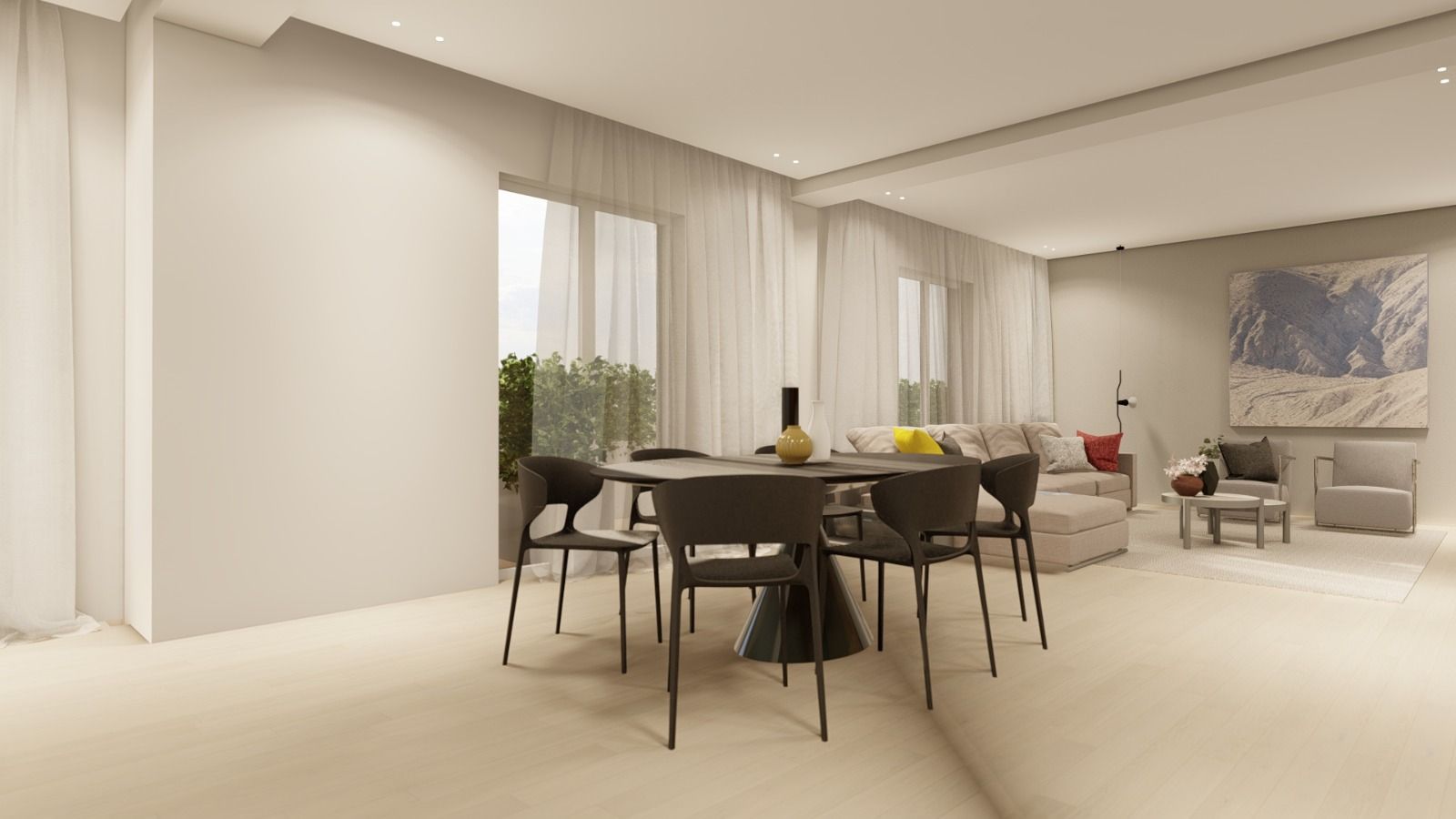 Un soggiorno con tavolo da pranzo, sedie e un divano.