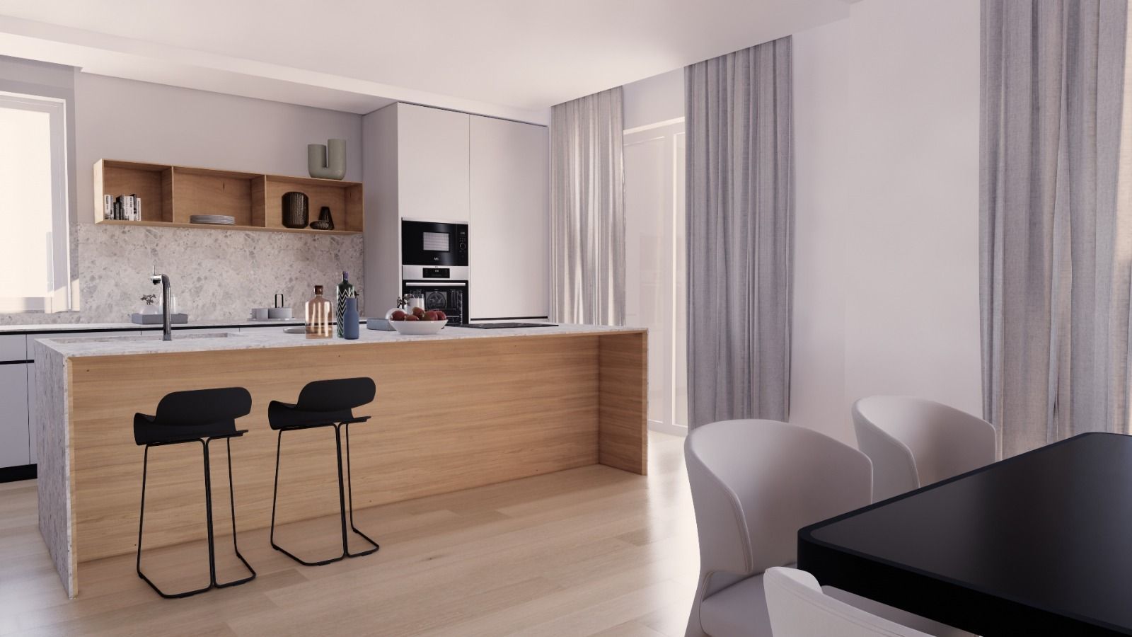 Una cucina con isola in legno, sgabelli, tavolo e sedie.