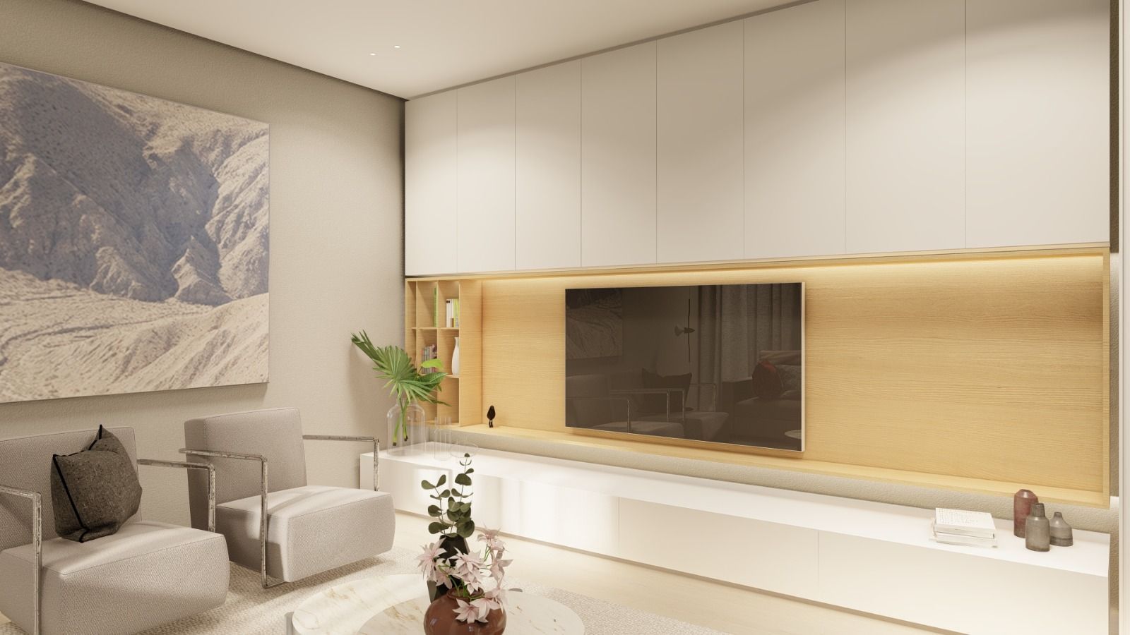 Un soggiorno con una grande TV a schermo piatto sulla parete.