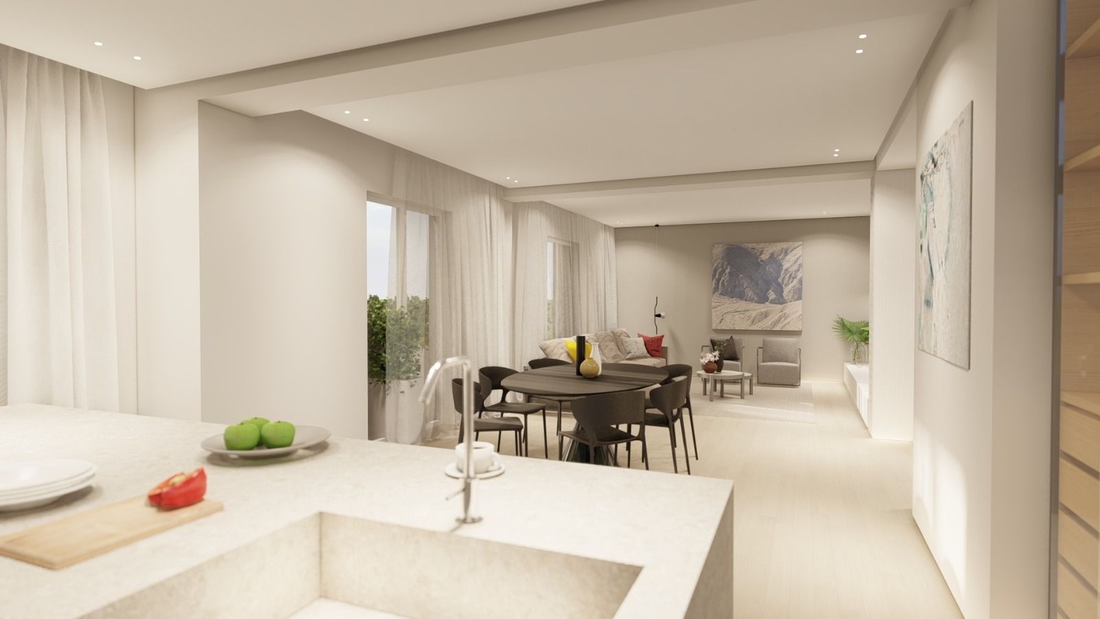 Rappresentazione artistica di una cucina e di una sala da pranzo in una casa.