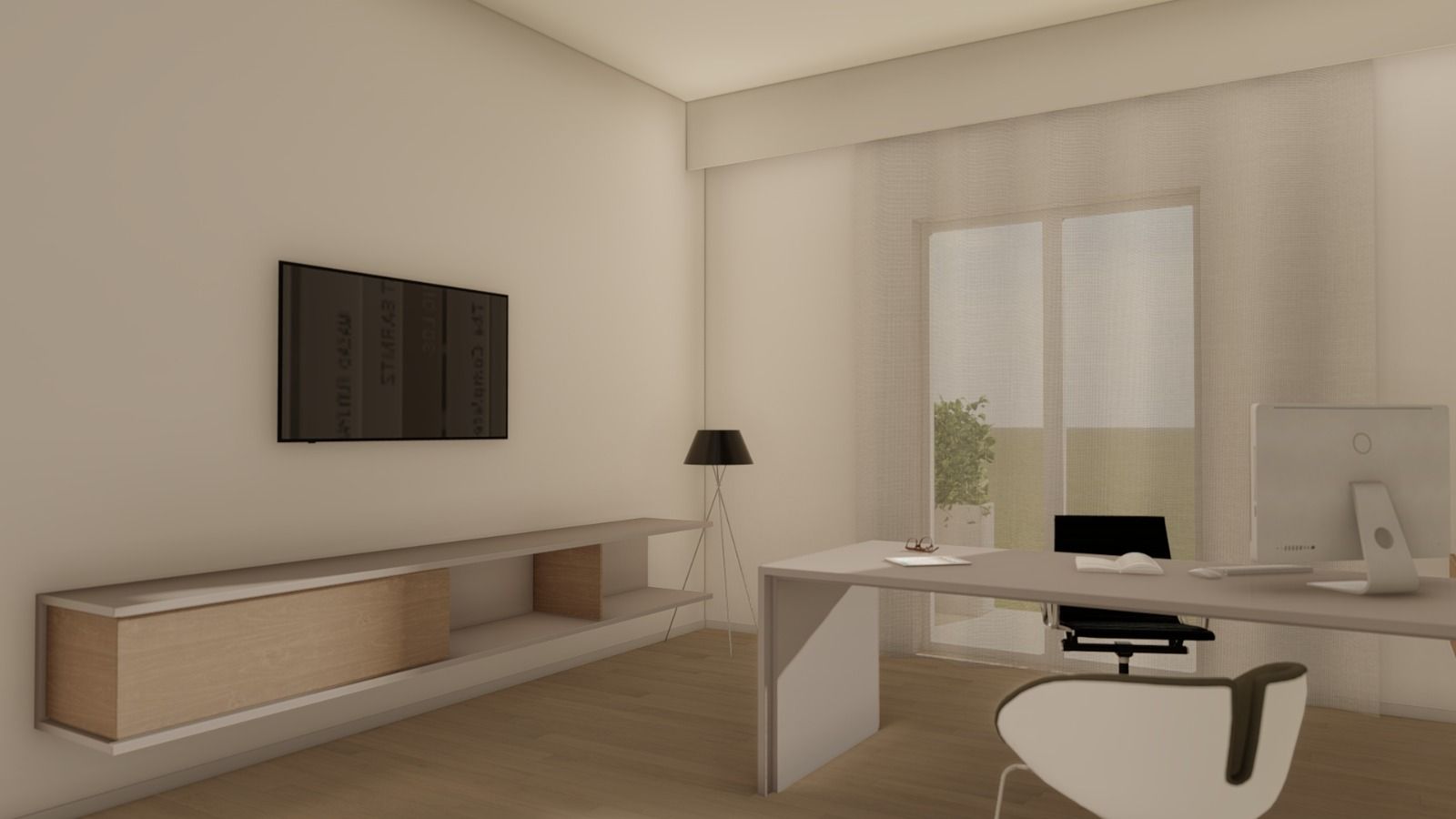 Un rendering 3D di un ufficio domestico con scrivania, sedia, computer e televisione.