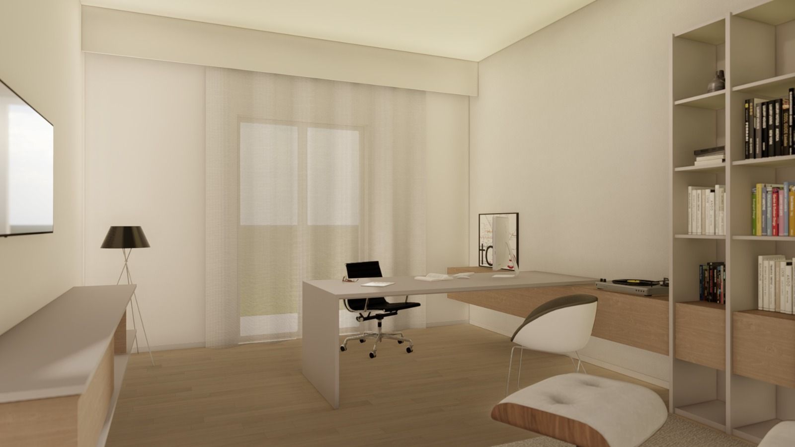 Un'immagine generata al computer di un soggiorno con una scrivania e sedie