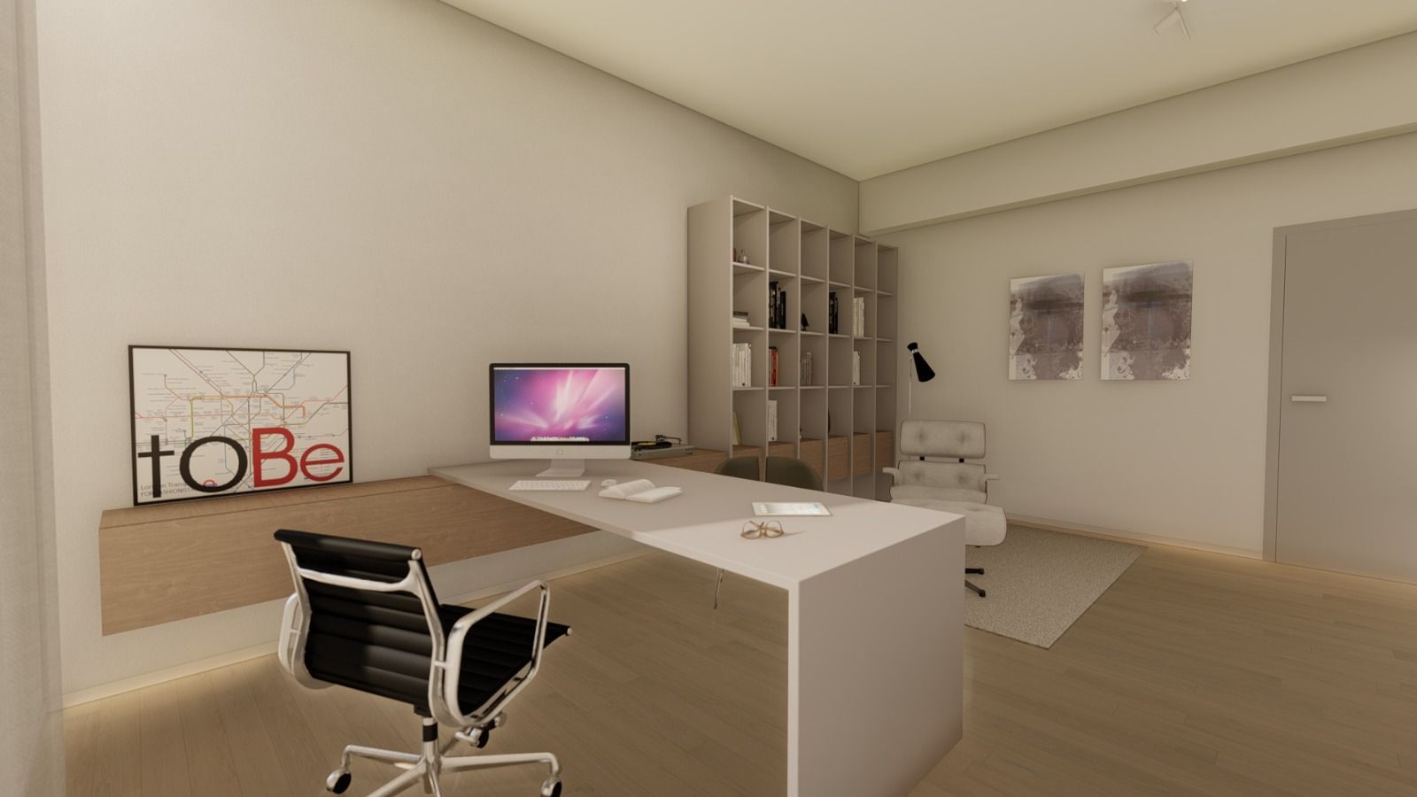 Un computer è su una scrivania in una stanza con una sedia.