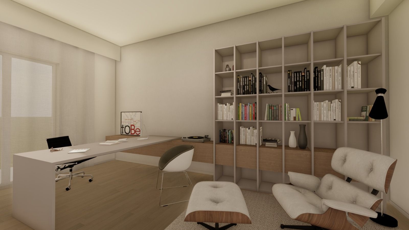 Una stanza con una scrivania, una sedia, una libreria e un pouf.