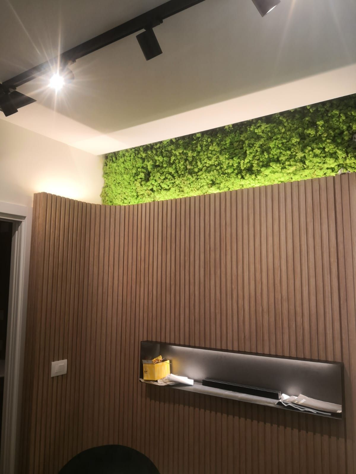 Una stanza con uno scaffale e una parete ricoperta di muschio verde.