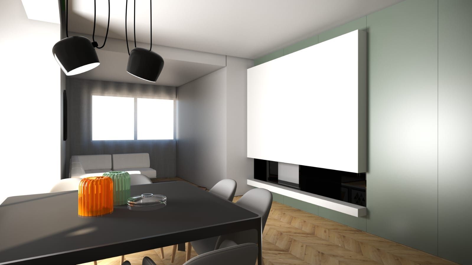 Un soggiorno con tavolo da pranzo, sedie e camino.