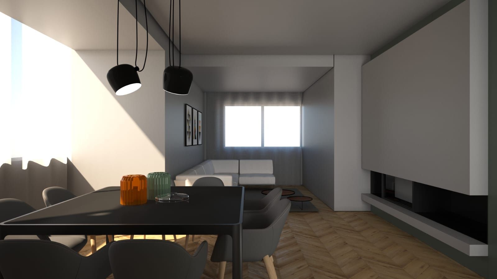 Un soggiorno con tavolo e sedie e un camino