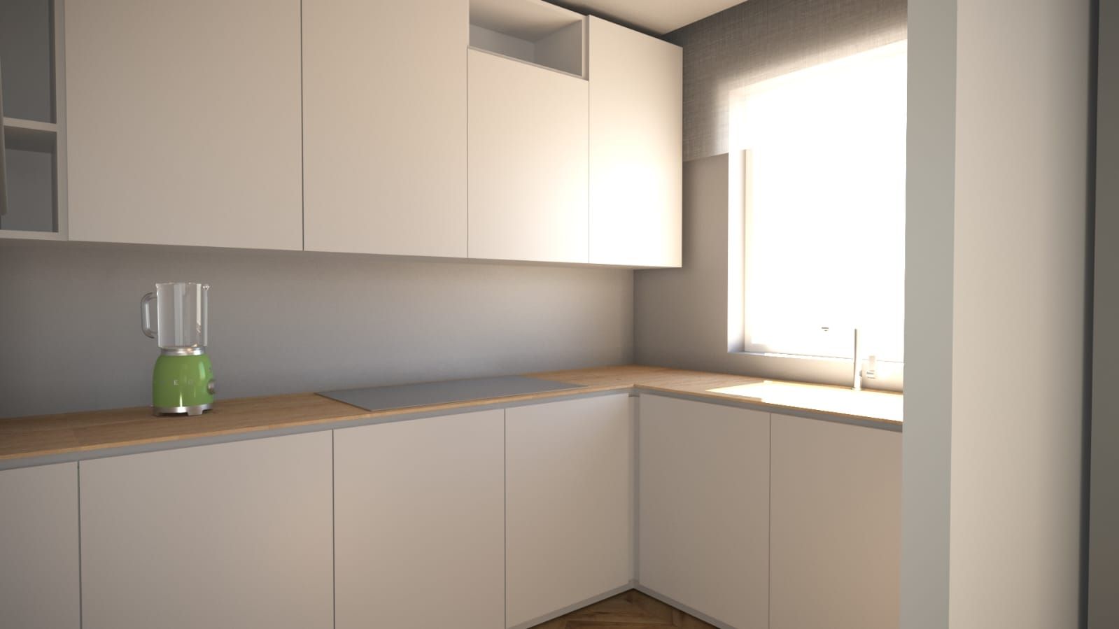 Una cucina con mobili bianchi e un frullatore verde sul bancone.