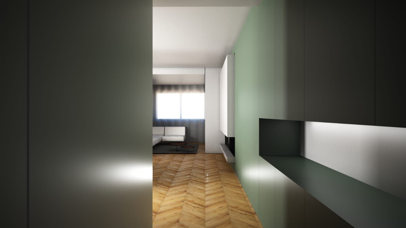 Un corridoio con una porta scorrevole in vetro che conduce al soggiorno.