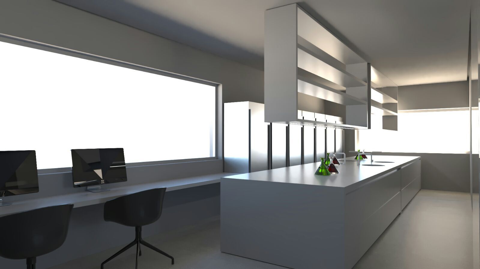 Un rendering di una cucina con due scrivanie e due sedie