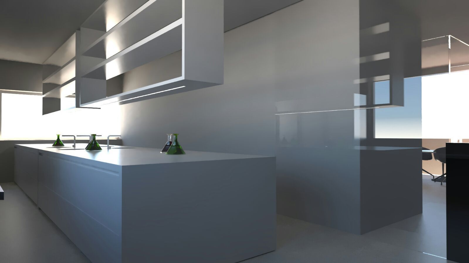 Un rendering di una cucina con una grande isola e mensole