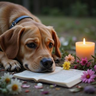 Cane che appoggia la testa su un libro aperto accanto a una candela accesa e dei fiori all'aperto.