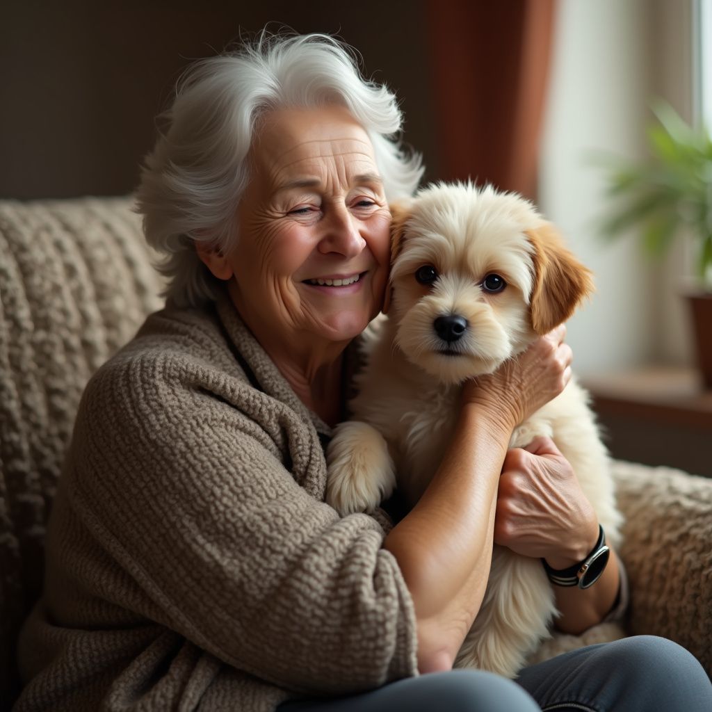 Una persona anziana sorride mentre abbraccia un piccolo e soffice cucciolo su un divano in casa.