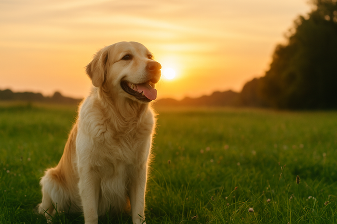 Un Labrador dorato seduto in un campo erboso sorride al tramonto.