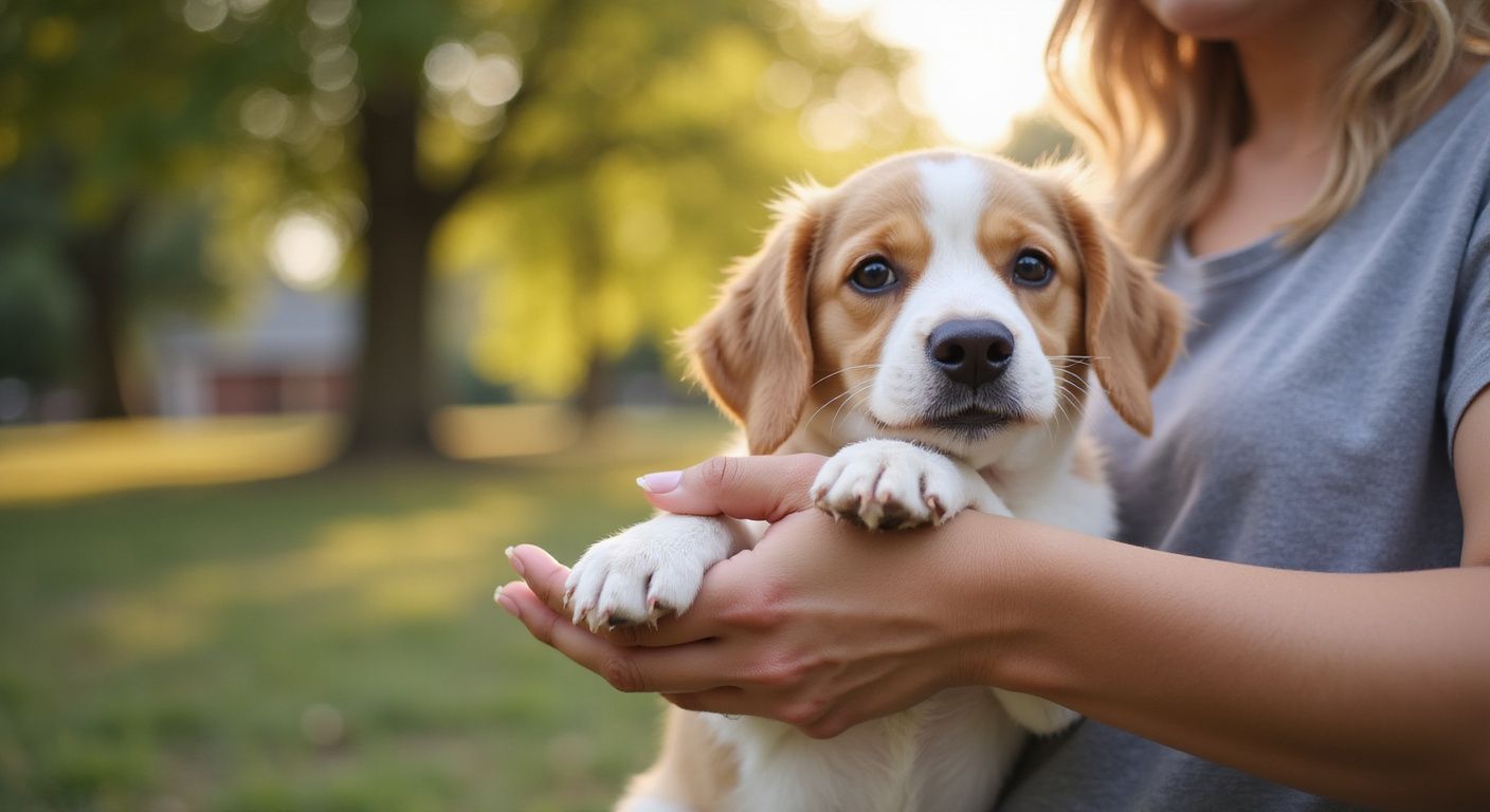 Donna che tiene in braccio un piccolo cucciolo bianco e marrone chiaro all'aperto. Il cane guarda la telecamera, con la luce del sole sullo sfondo.