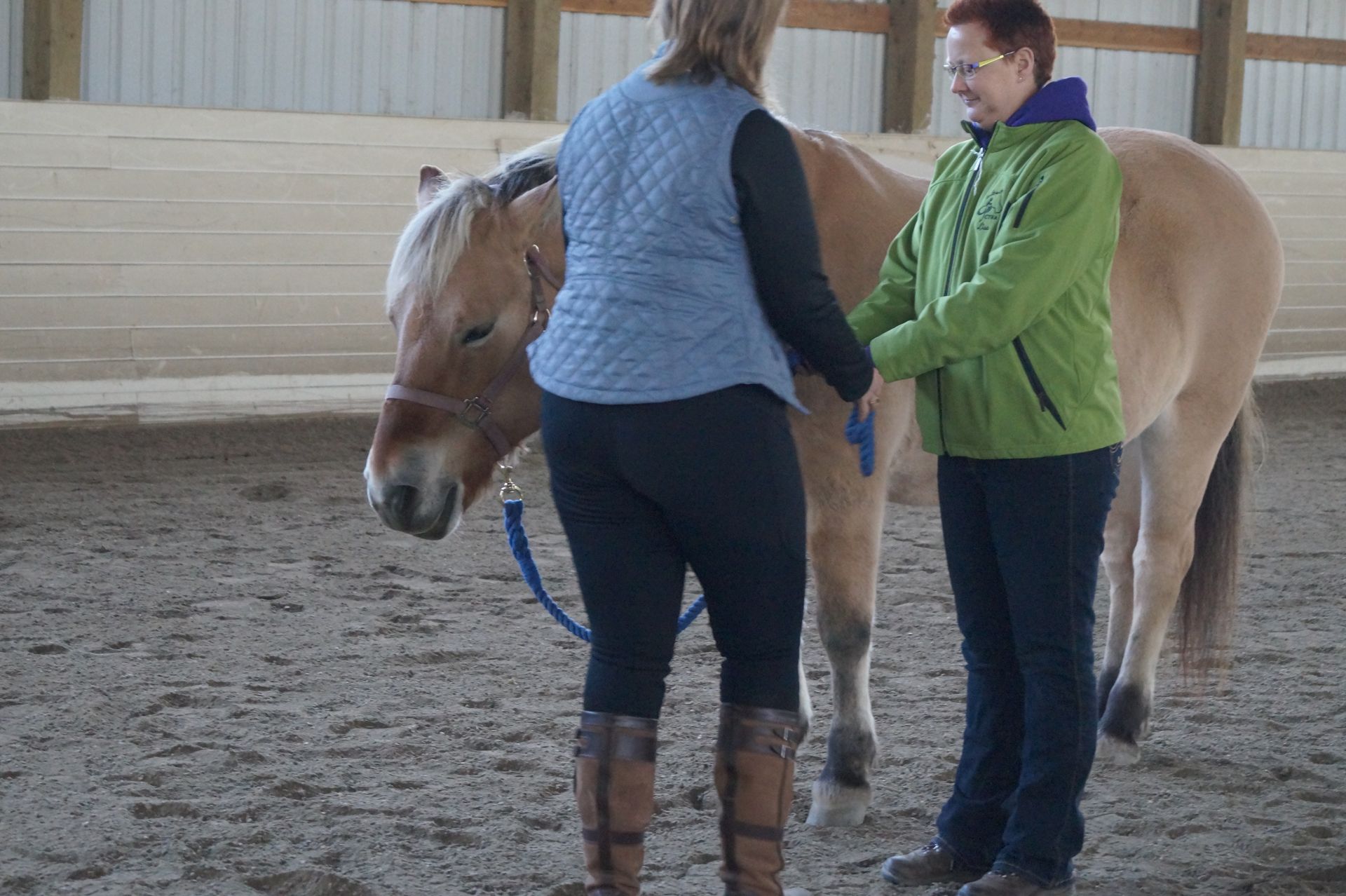 Two women are standing next to a horse in a barn.