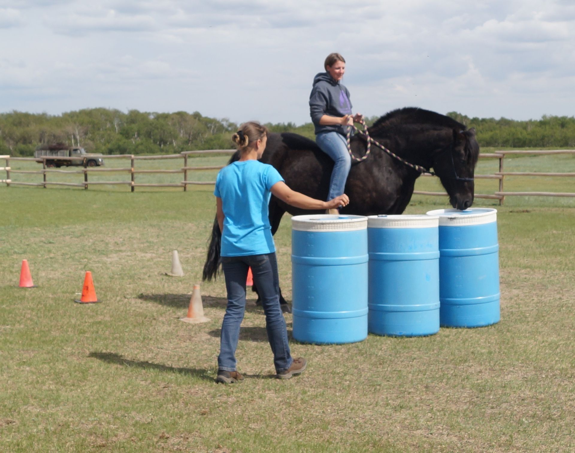 A man riding a horse on top of a blue barrel