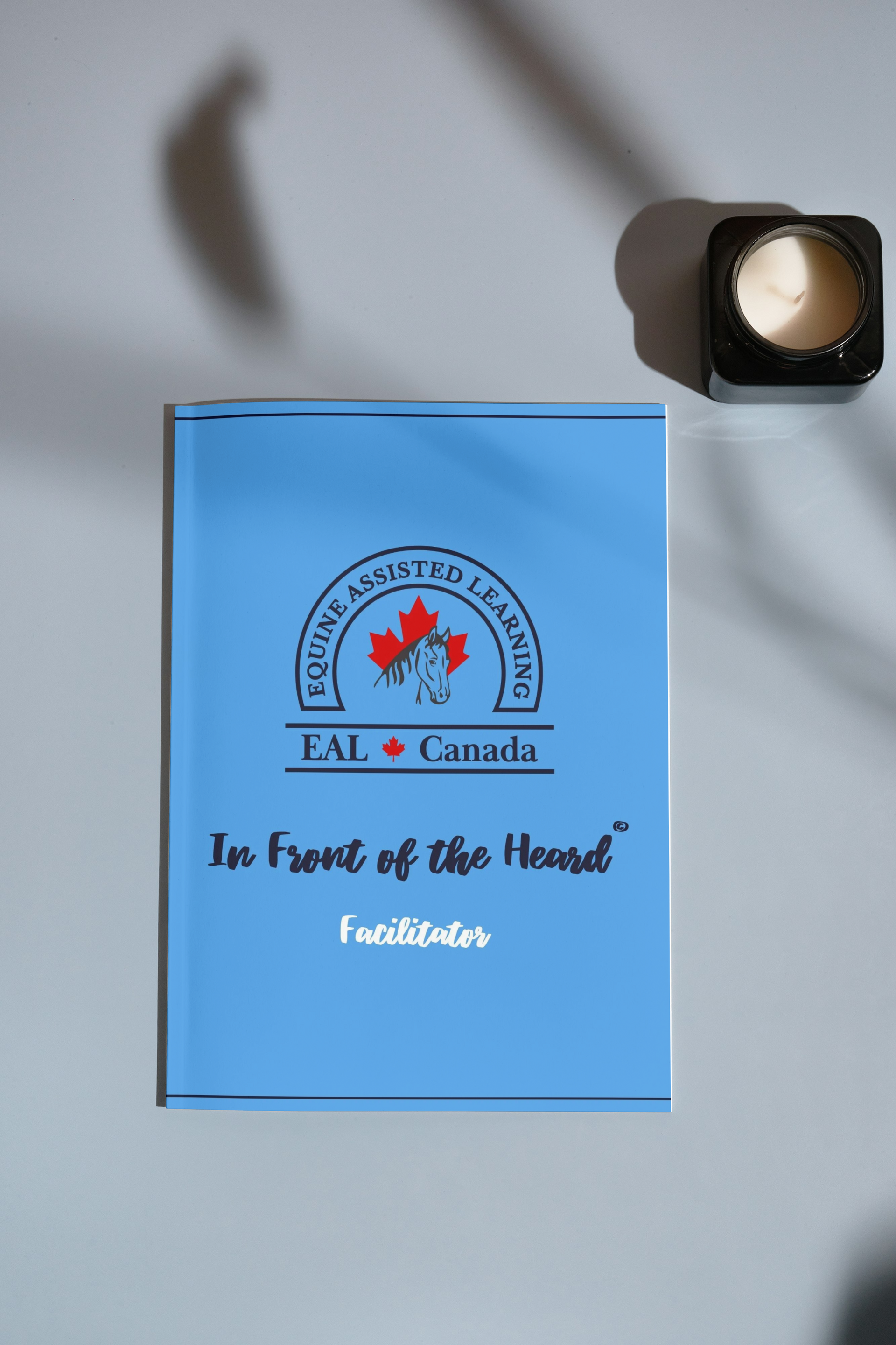 A blue book with a maple leaf on it is sitting on a table.