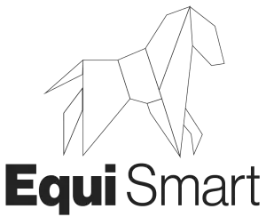 A black and white logo for equi smart with a horse on it.