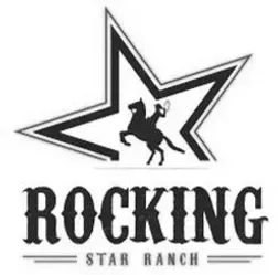 A black and white logo for rocking star ranch with a cowboy on a horse.