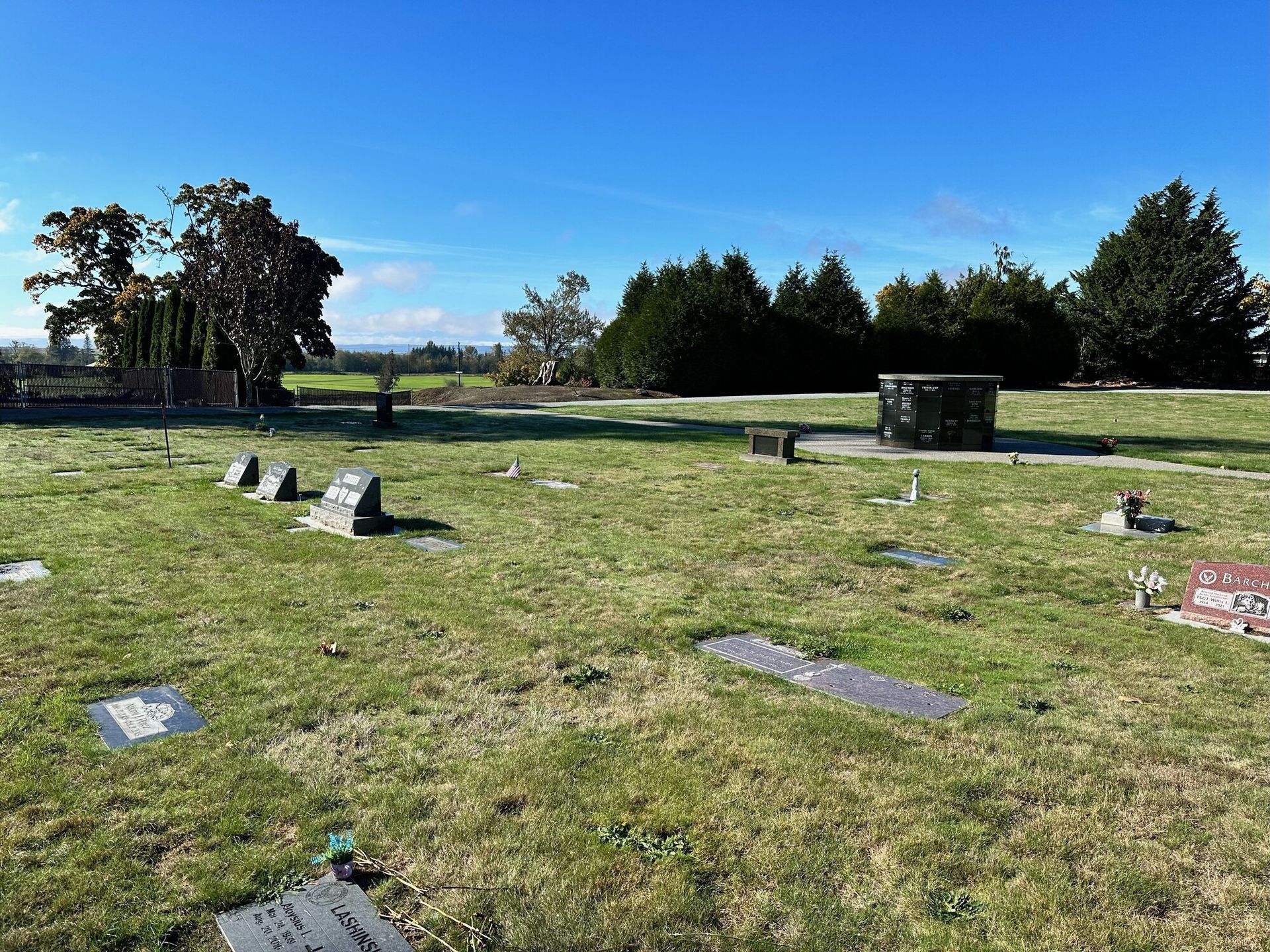 Cemetery scene with headstones scattered across green grass under a clear blue sky.