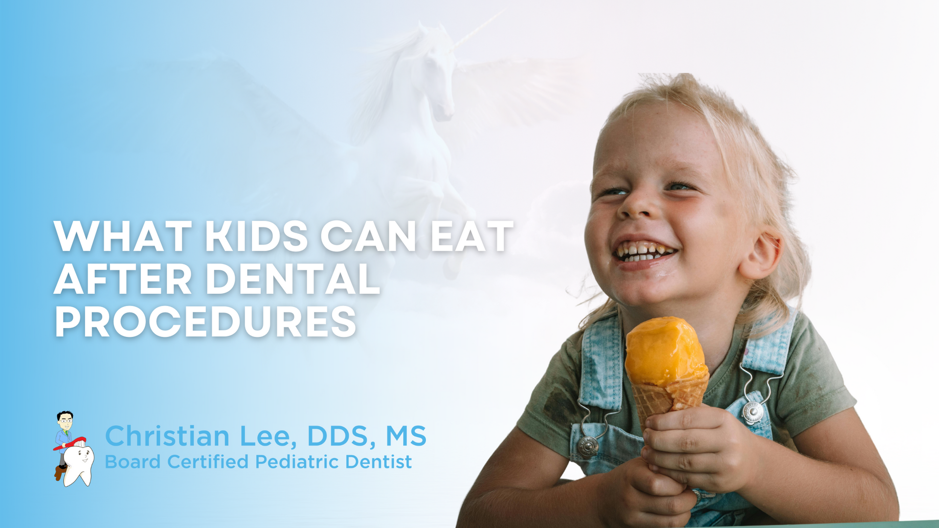 Smiling child eating ice cream cone, text: 