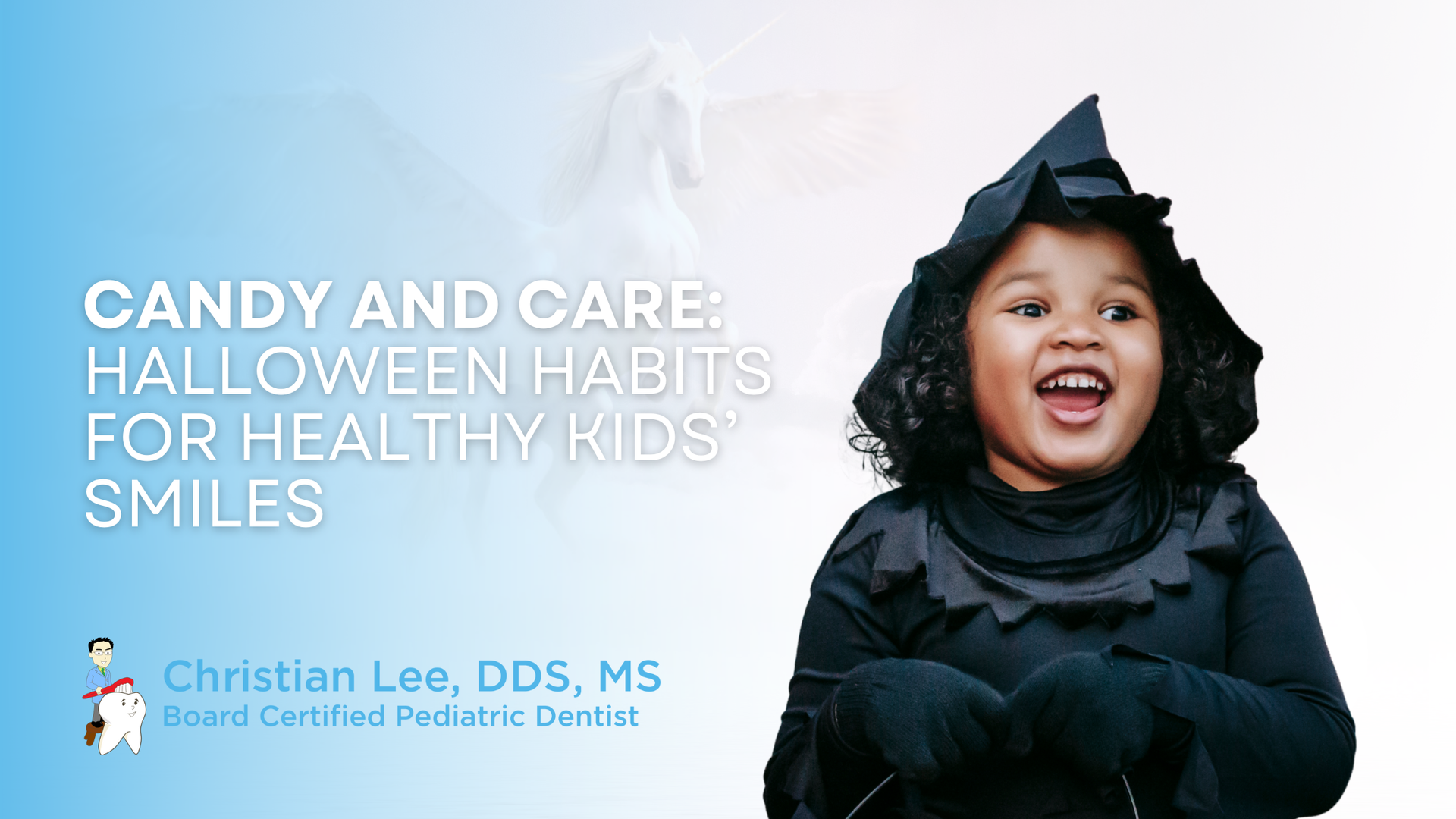 A child in a witch costume smiling, with text: 