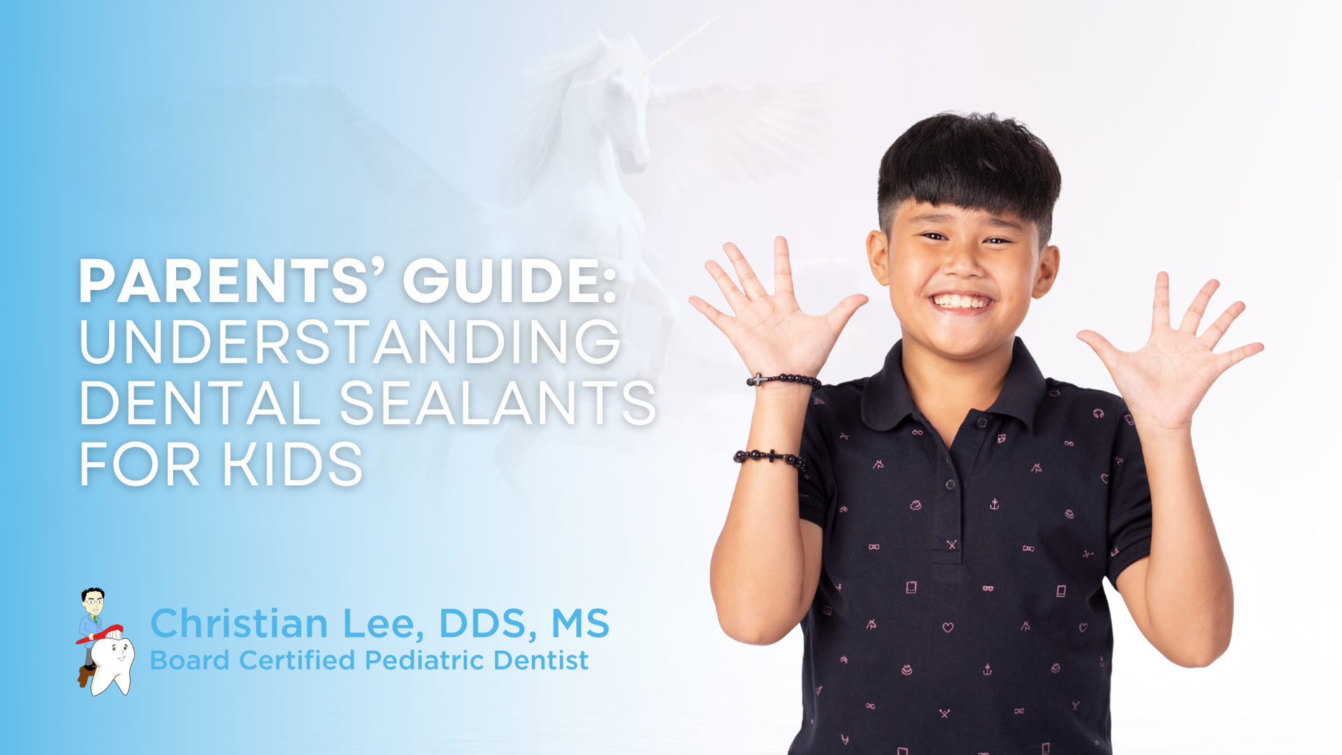 A young boy smiling with raised hands, ad promoting dental sealants for kids by Dr. Christian Lee.