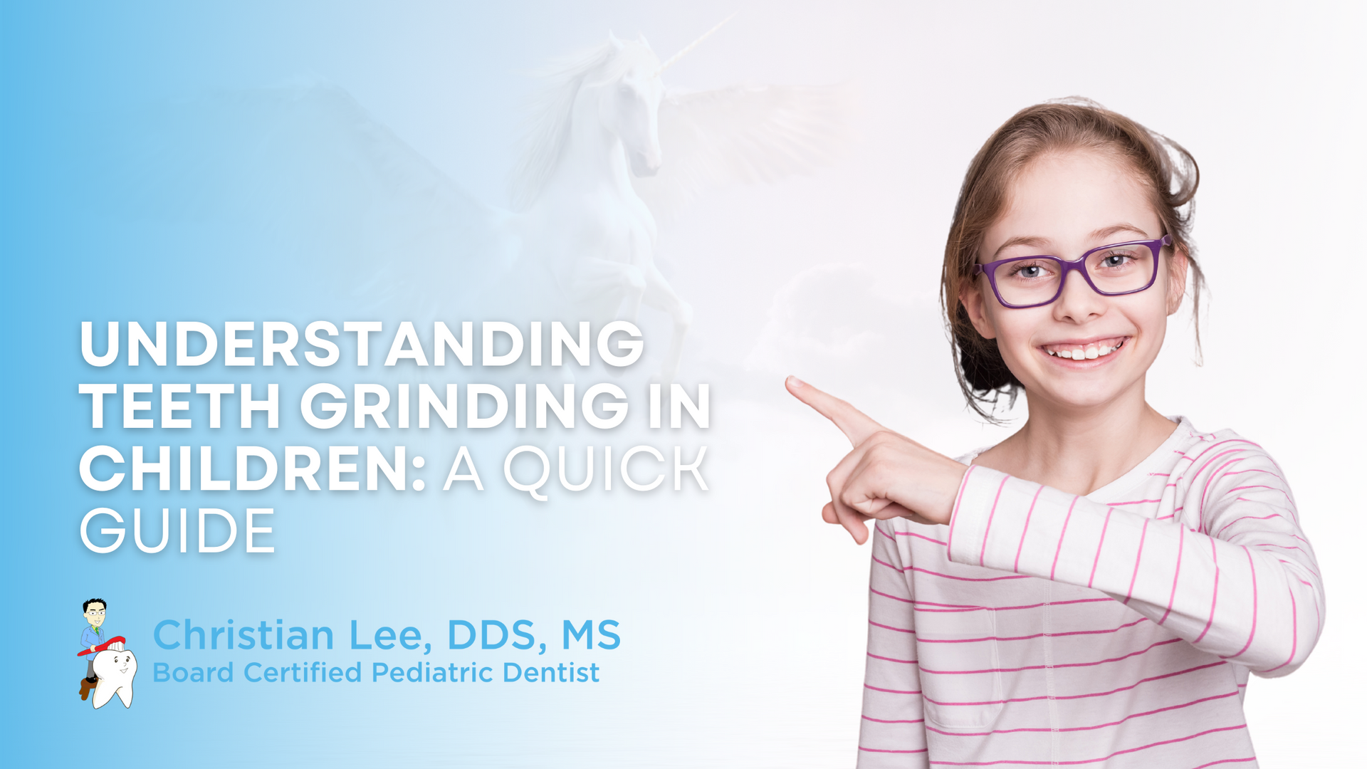 A young girl wearing glasses is pointing at her teeth.