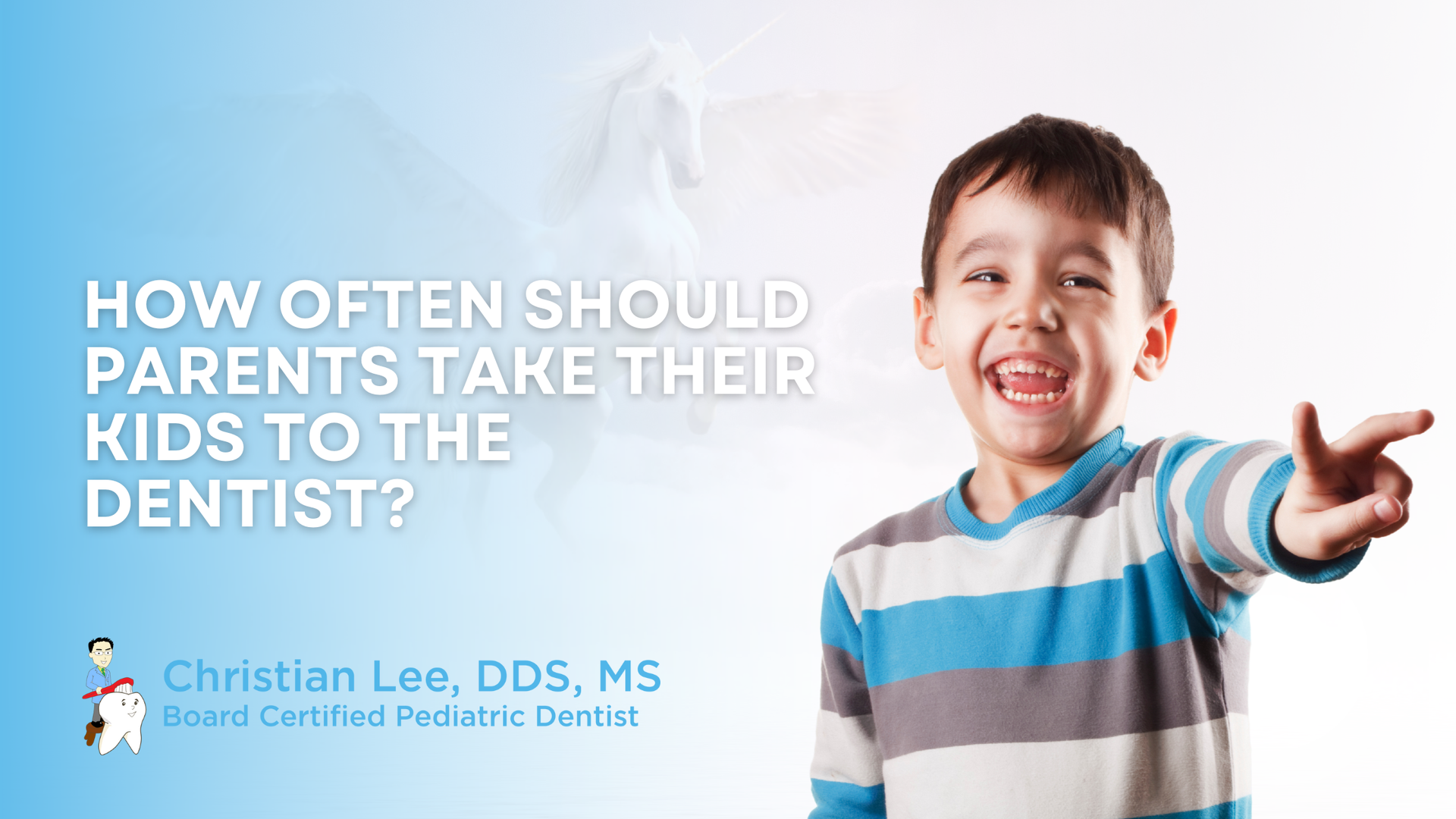 Smiling child points. Text: