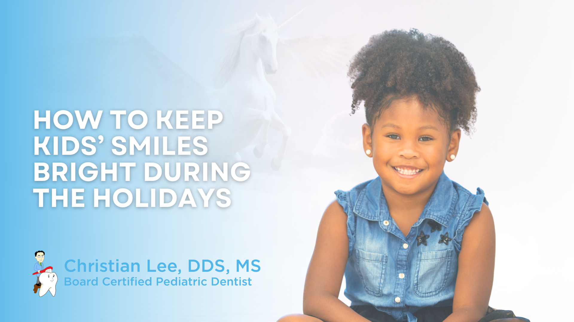 A young girl smiles at the viewer, text on the left reads 