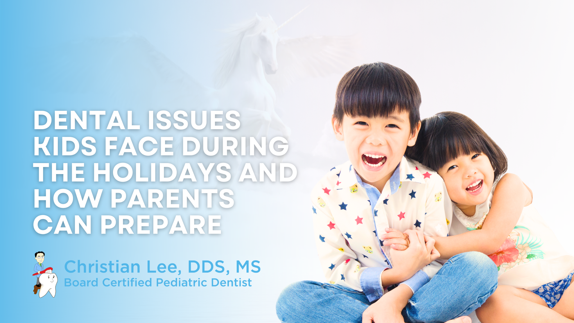 Two kids smiling, text: