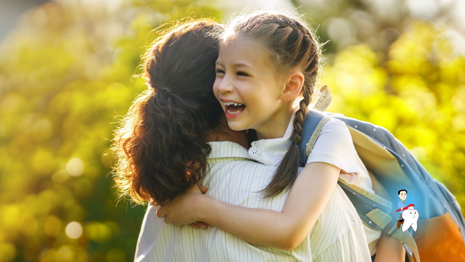 A woman is hugging a little girl with a backpack on her back.