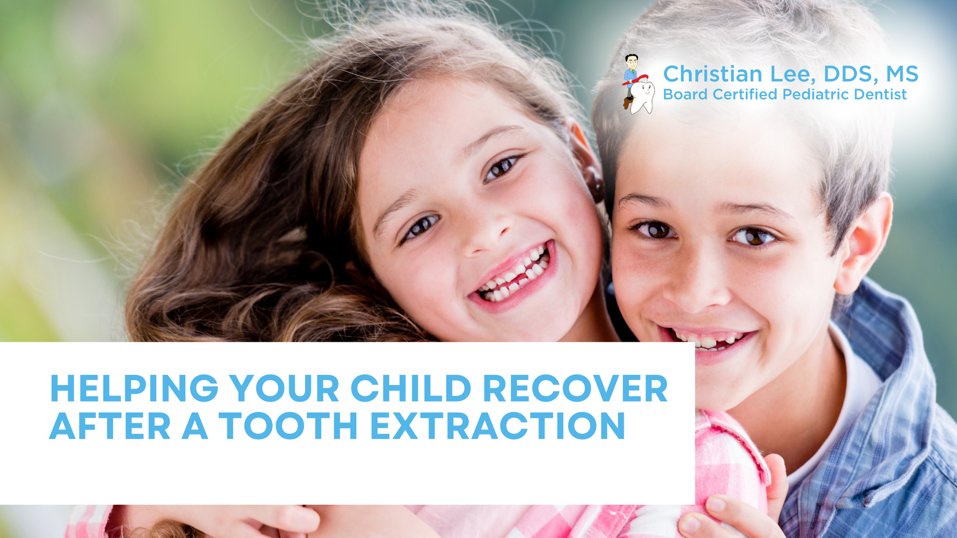 A boy and a girl are smiling for the camera after a tooth extraction.