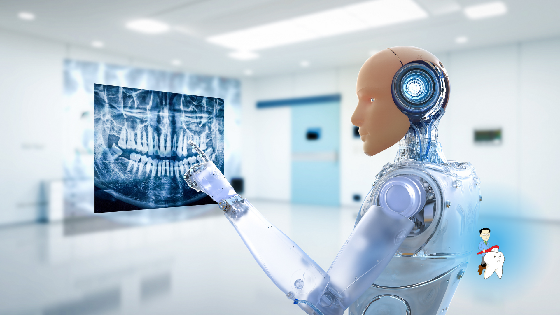 A robot is looking at an x-ray of a person 's teeth in a dental office.