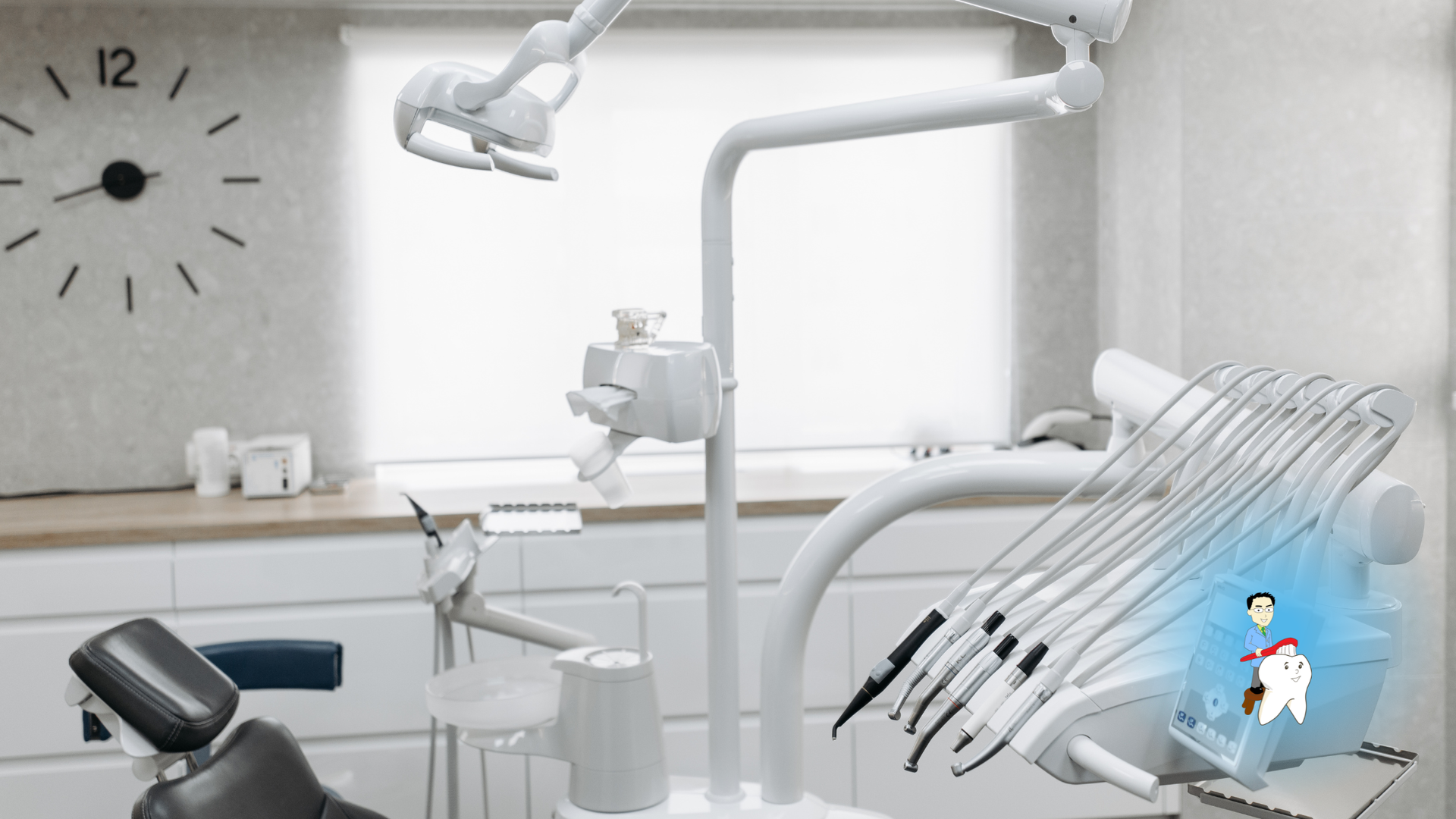 Dental office interior with dental chair, equipment, clock, and window.