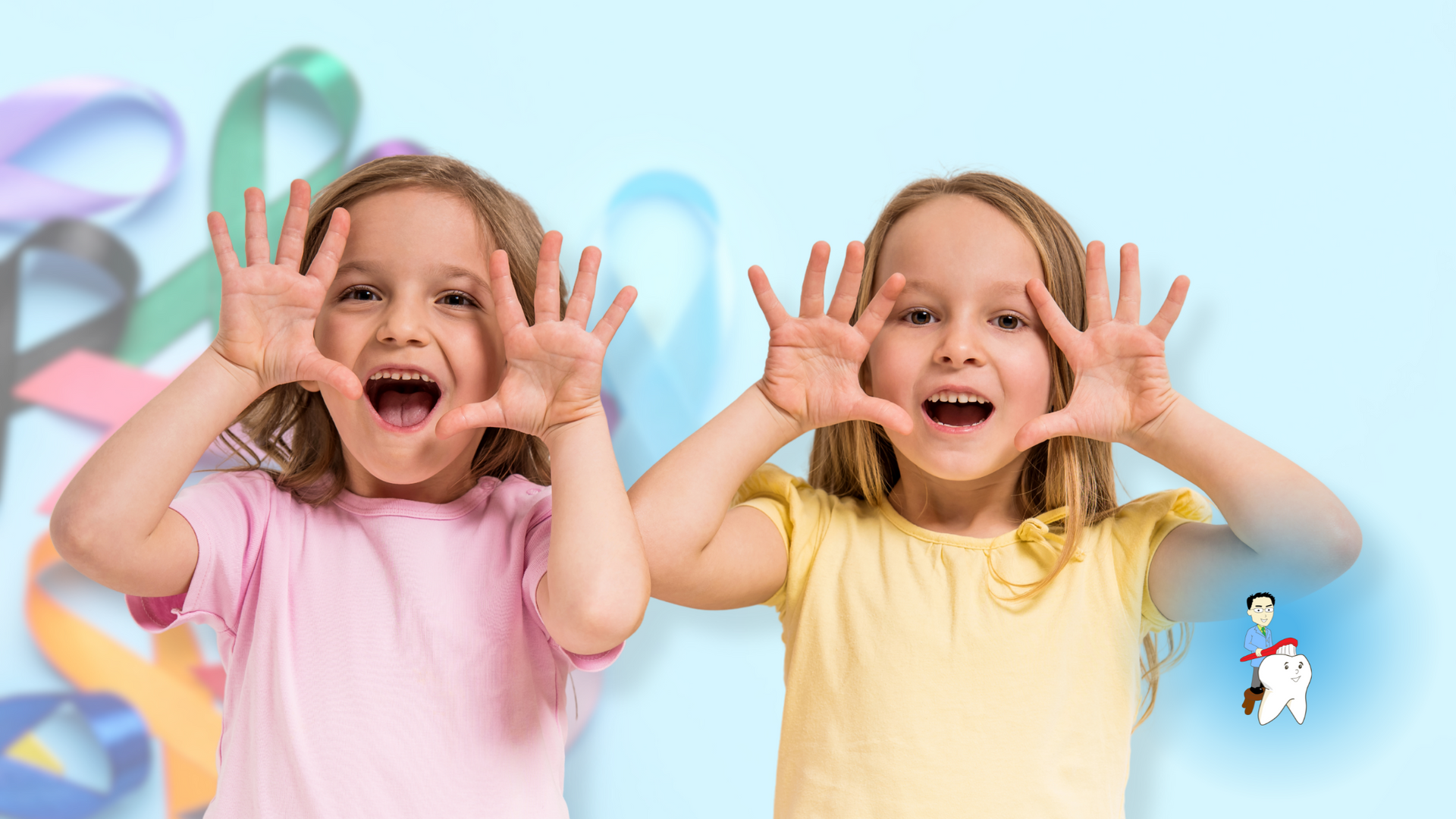 Two little girls are making a funny face with their hands.