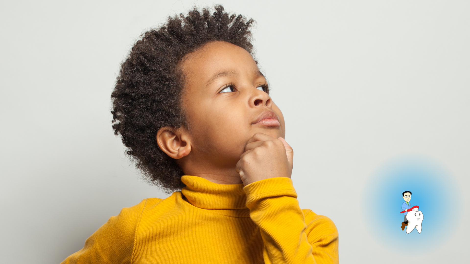 Boy in yellow turtleneck looks up thoughtfully; a small cartoon figure with a tooth floats in the corner.
