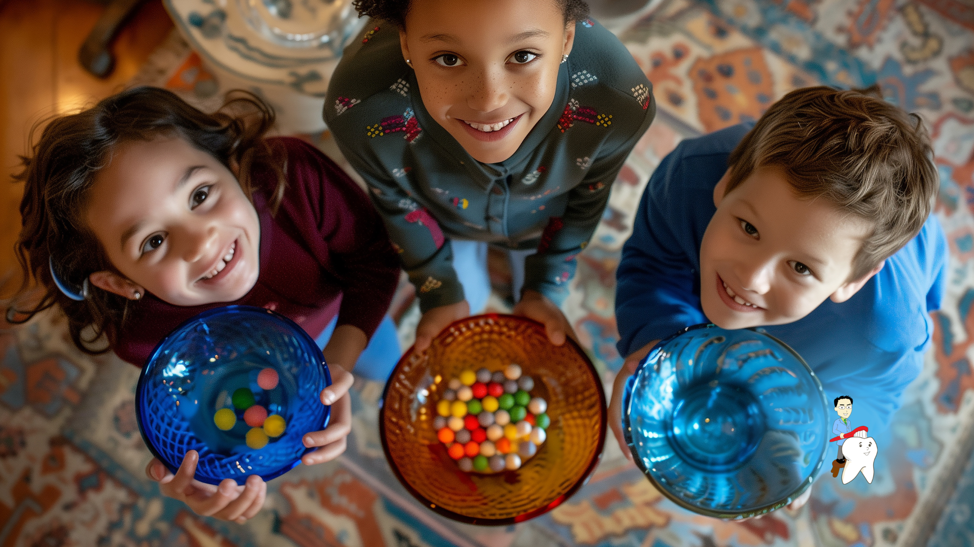 Three children holding colorful bowls of candy, smiling. Overhead view.