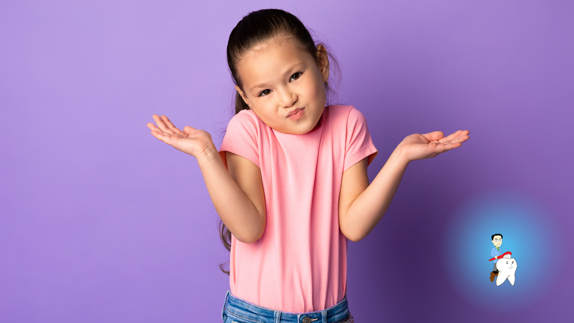 A little girl is shrugging her shoulders in front of a purple background.