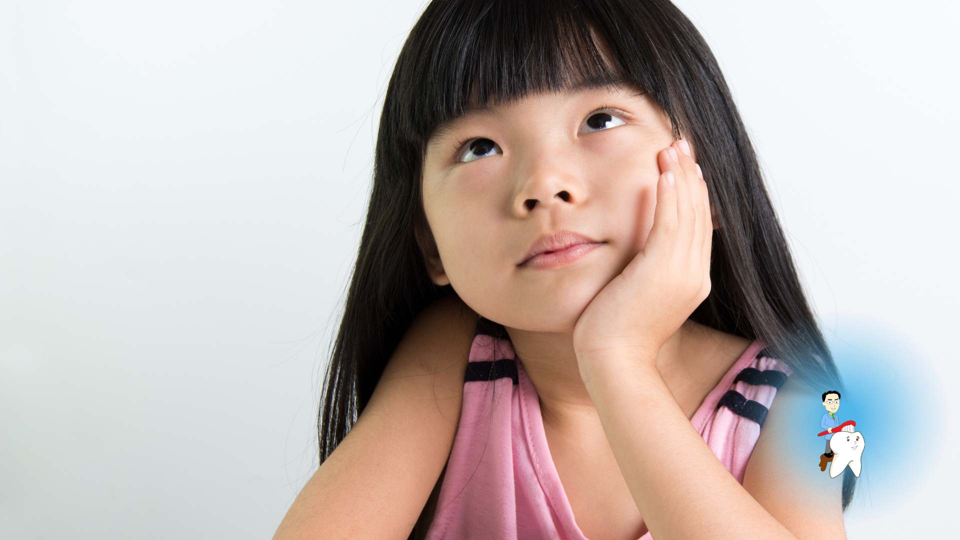 Girl gazing upwards, hand on cheek, with cartoon tooth.