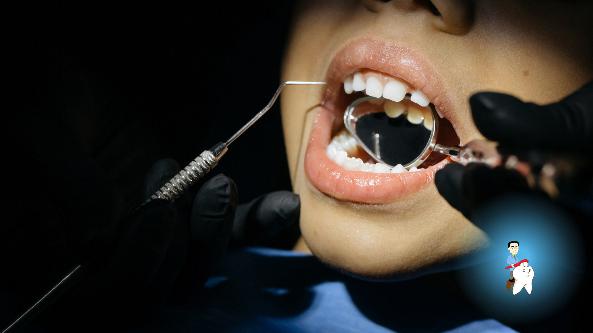 A woman is getting her teeth examined by a dentist.