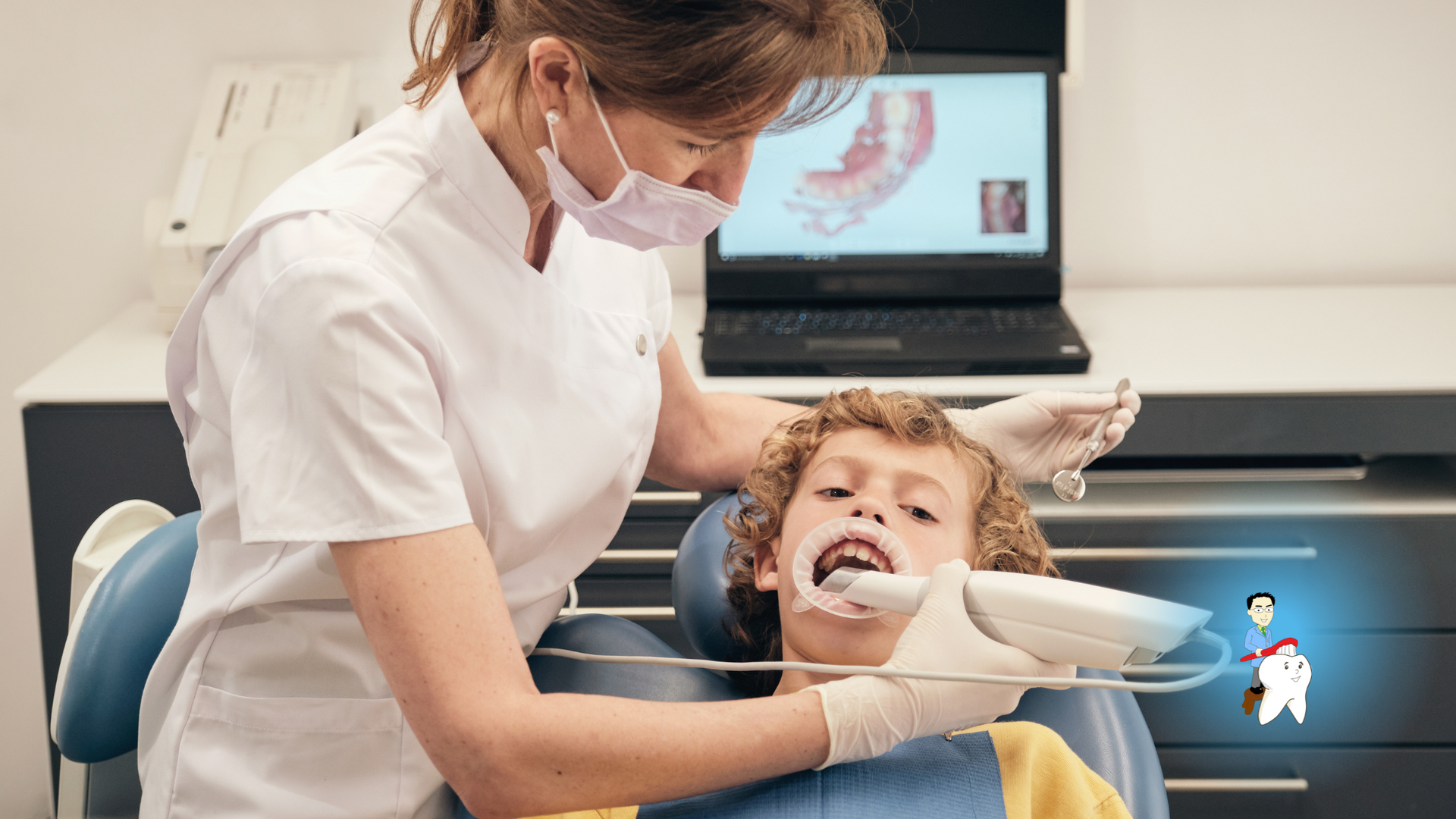 A dentist is examining a young boy 's teeth in a dental chair.